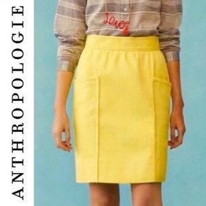 Anthropology- Cartonnier Yellow Pencil Skirt w Patch Pockets & contrasting blue